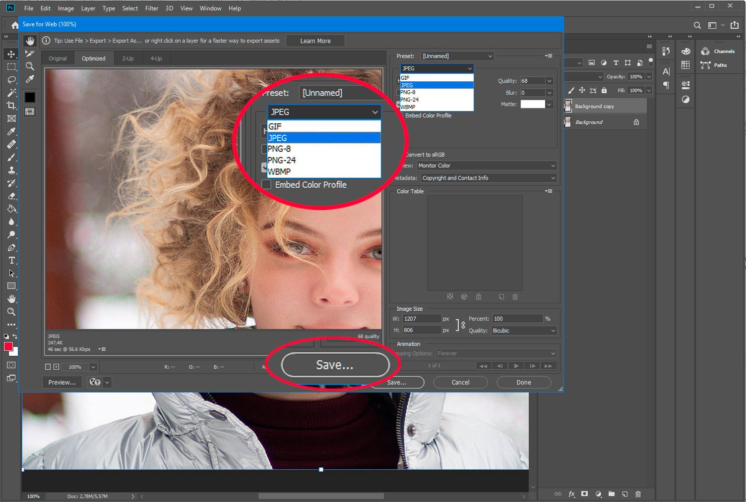 Adobe Photoshop. Сохранение PSD для Web в формате JPG..
