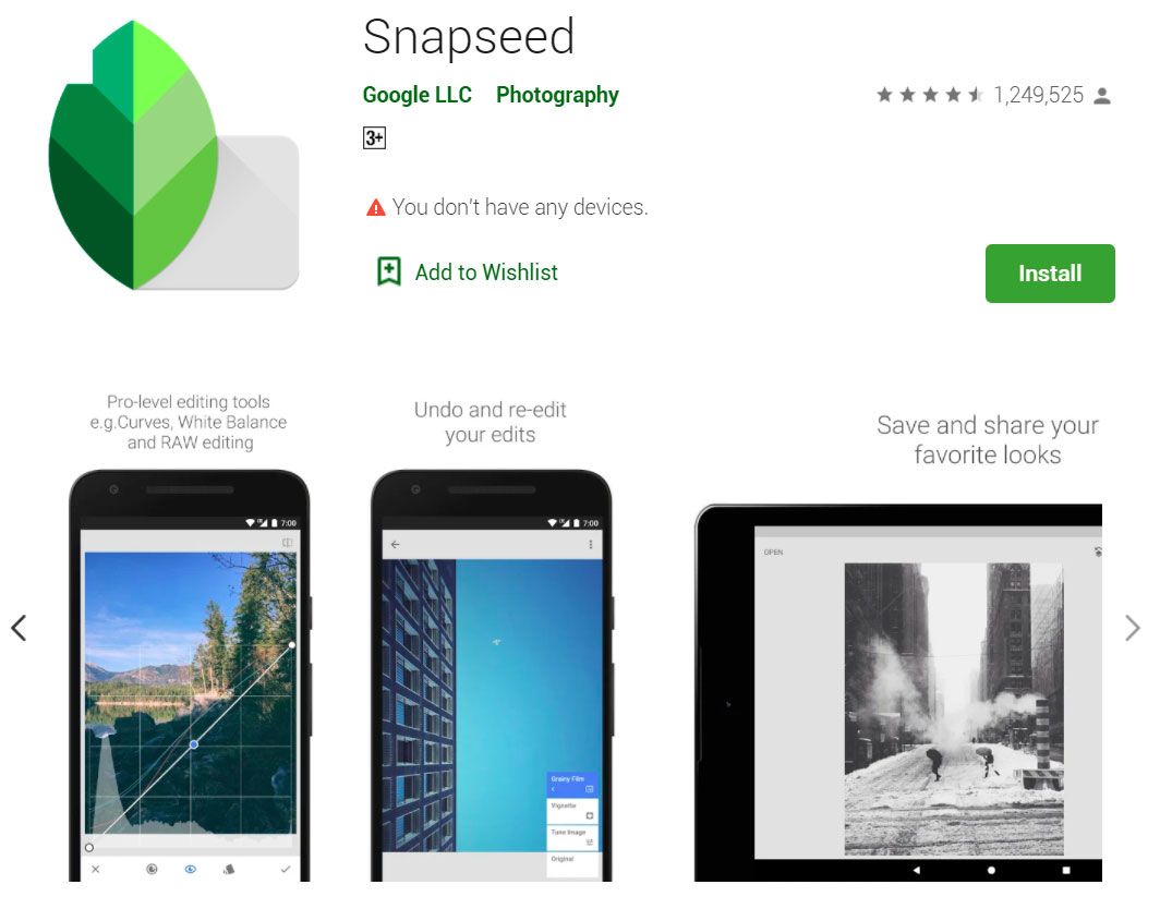 Приложение Snapseed в Google Play..